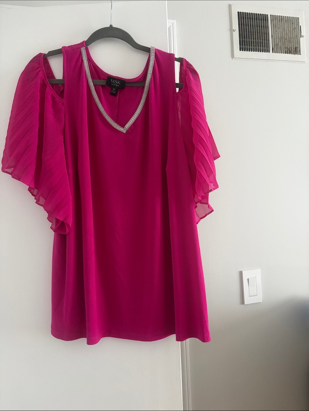 MSK Fuchsia Cold-Shoulder V-Neck Blouse with Pleated Flutter Sleeves
